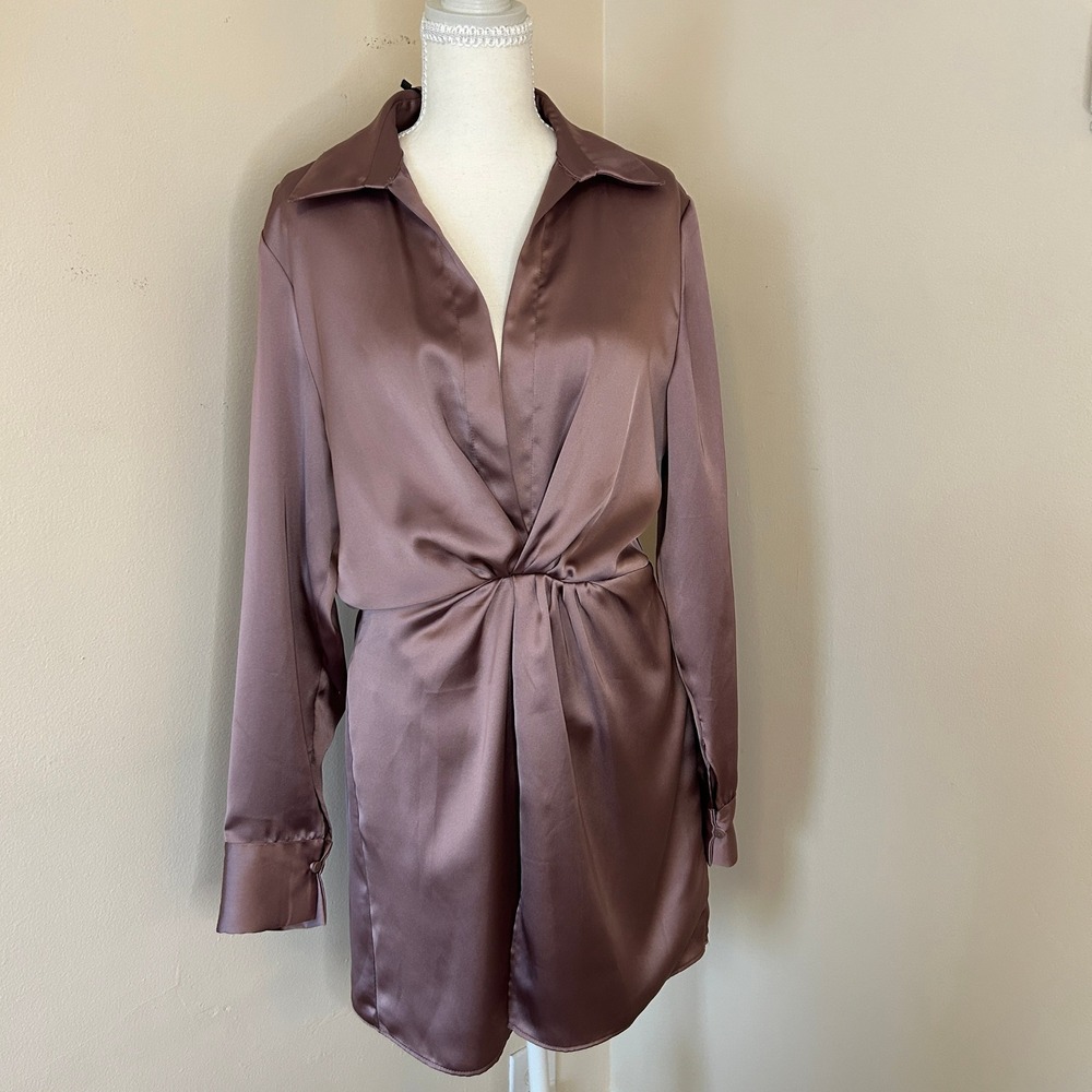 Zara Mauve Pink Satin Twisted Front Mini Shirt Cocktail Dress Small - Picture 4 of 14
